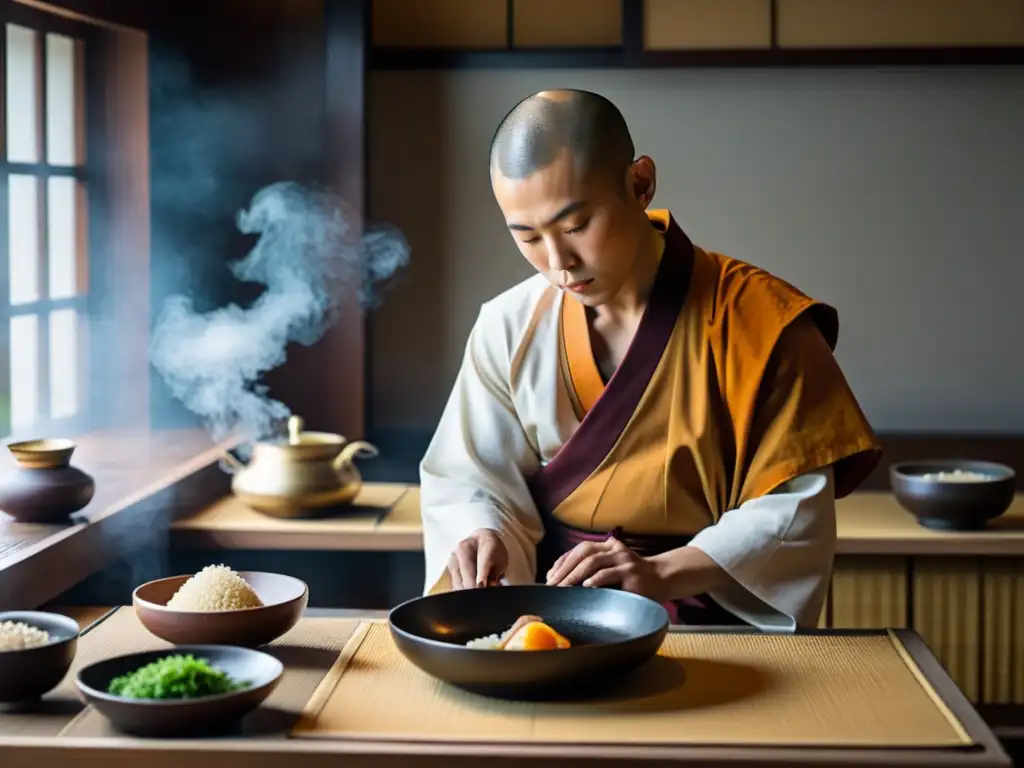 Un monje japonés prepara platos Zen en un tranquilo templo, reflejando la serenidad y tradición culinaria