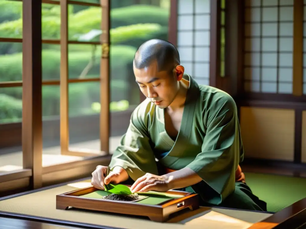 Un monje japonés sereno en un templo, preparando con gracia hojas de té verde