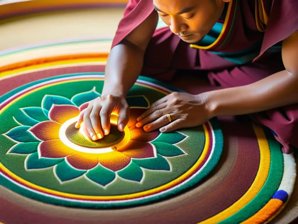 Un monje crea un mandala de arena con colores vibrantes, iluminado por luz natural en un templo