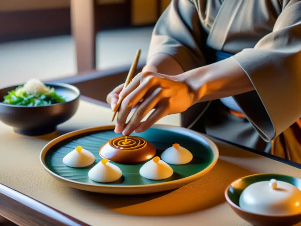 Un monje japonés arregla platos Zen en un templo, mostrando serenidad y precisión en cada detalle