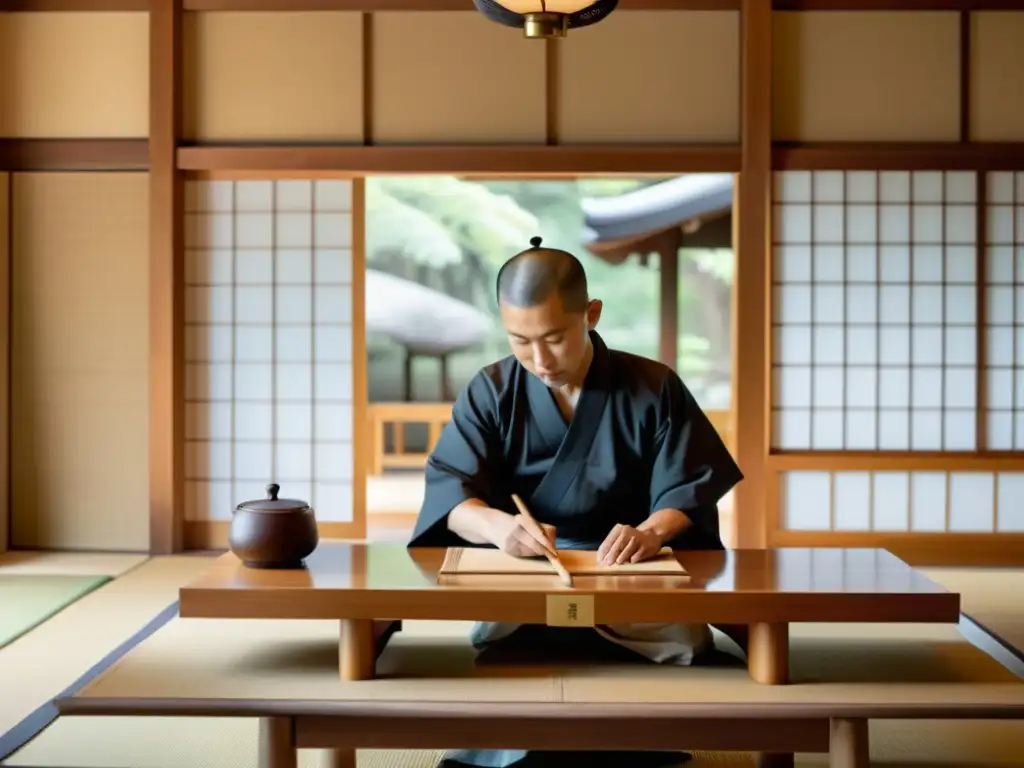 Un monje prepara platos Zen en un tranquilo templo japonés, con utensilios tradicionales y una atmósfera serena