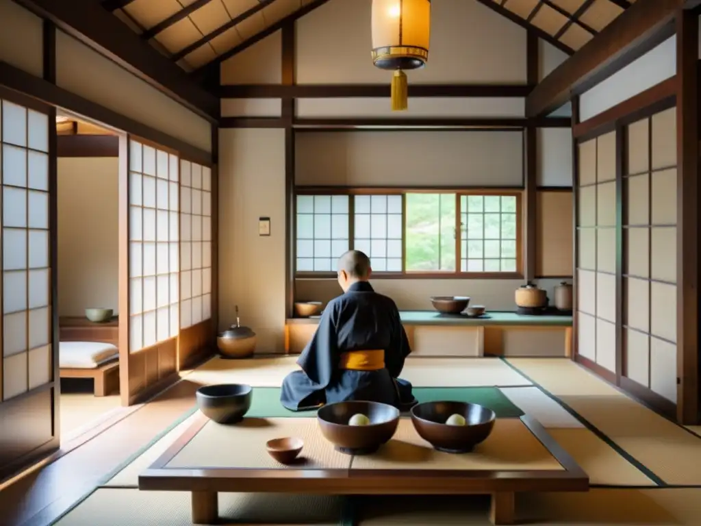 Un monje sereno prepara platos zen en un tranquilo templo japonés con cocina tradicional y detalles arquitectónicos intrincados