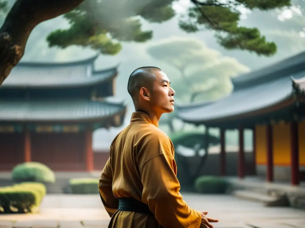 Un monje Shaolin practicando Tai Chi en un patio tranquilo con niebla matutina