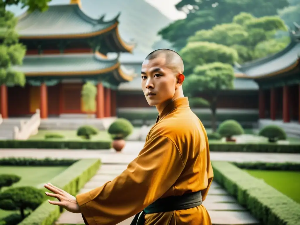 Un monje Shaolin practicando Tai Chi en el hermoso jardín del Templo Shaolin, irradiando tranquilidad y enfoque