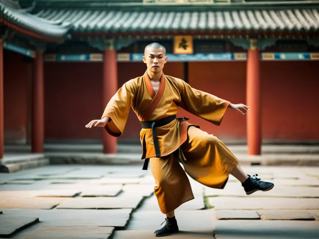 Un monje Shaolin realiza movimientos precisos en un patio tranquilo y neblinoso