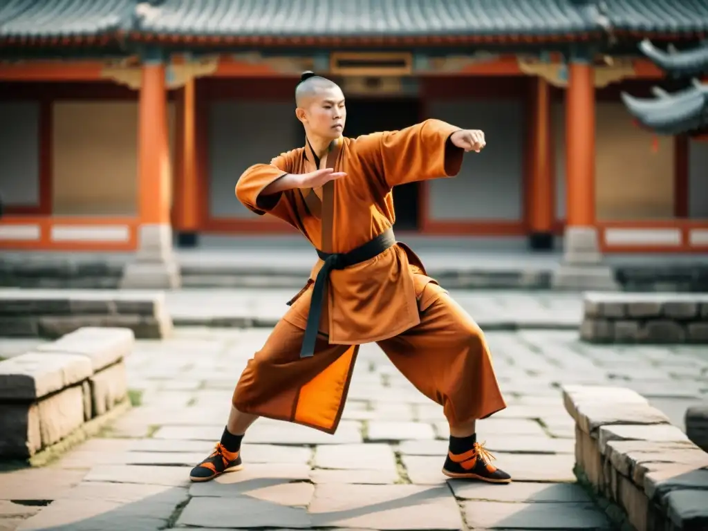 Un monje Shaolin en un patio neblinoso practicando Kung Fu, fusionando Zen y artes marciales