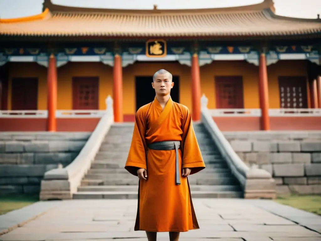 Un monje Shaolin en pose meditativa frente al Templo Shaolin, reflejando la influencia del Budismo en el Kung Fu Shaolin