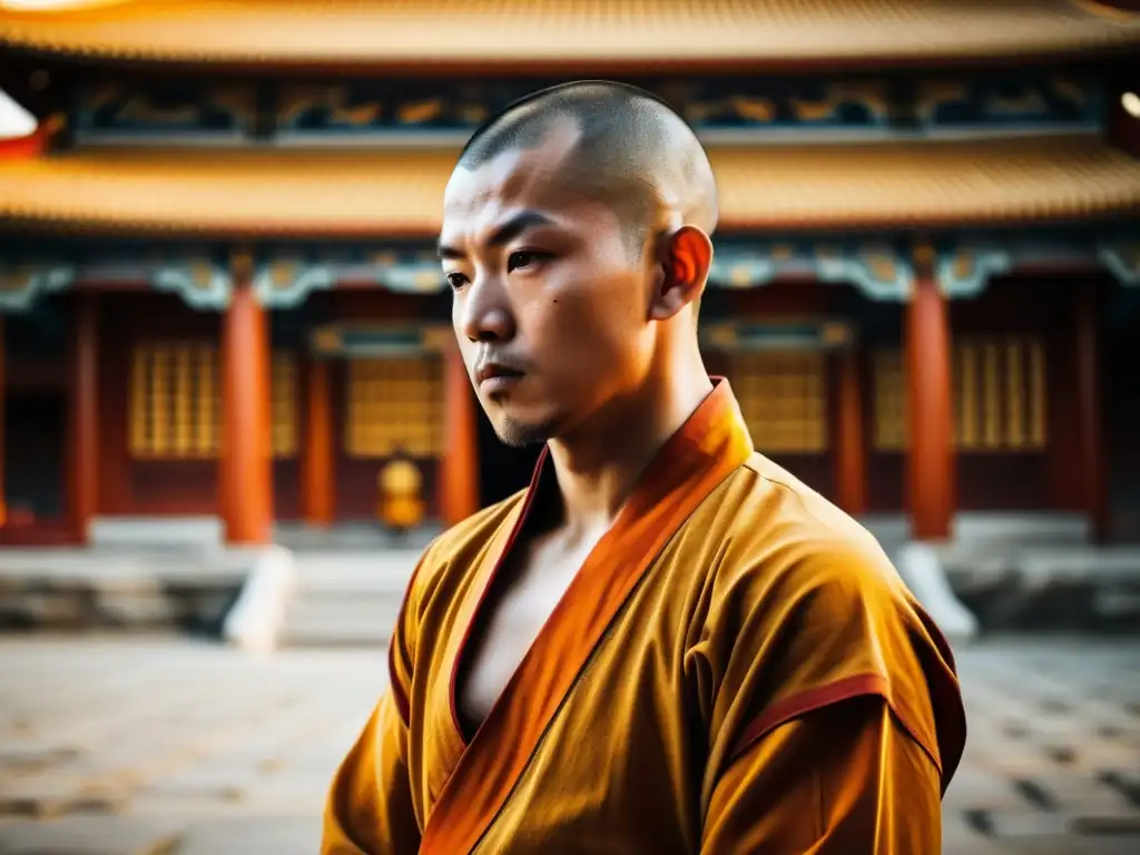 Un monje Shaolin en profunda concentración practicando kung fu, rodeado de la serena atmósfera de un templo budista