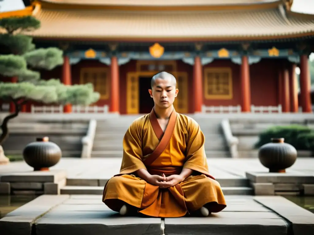 Un monje Shaolin en meditación, rodeado de la serena belleza natural del templo