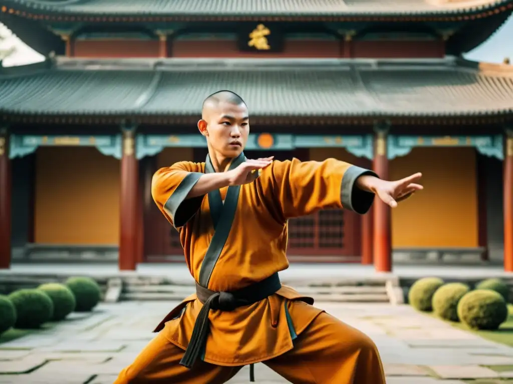 Un monje Shaolin ejecuta una técnica marcial en un patio tradicional