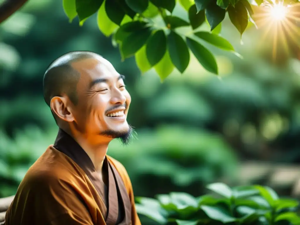 Monje taoísta practicando la Técnica de la Sonrisa Interna en un jardín tranquilo, con una sonrisa serena y rodeado de exuberante vegetación