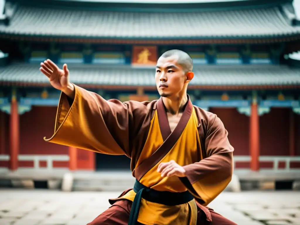 Monje Shaolin practica Kung Fu en templo ancestral, reflejando fuerza y gracia marcial