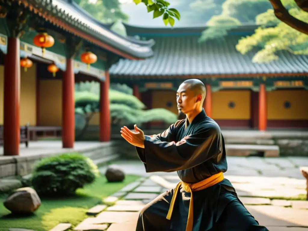 Un monje taoísta practica Kung Fu en un templo, transmitiendo la filosofía del Kung Fu Taoístico en un entorno sereno y natural