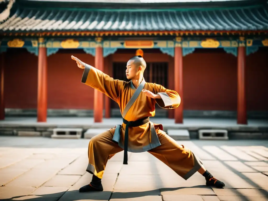 Un monje Shaolin practica Kung Fu con precisión en un templo, creando una imagen cautivadora del arte marcial