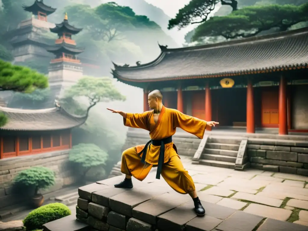 Un monje Shaolin practica Kung Fu en un templo montañoso, rodeado de piedra antigua y vegetación exuberante, con el sol matutino iluminando la escena