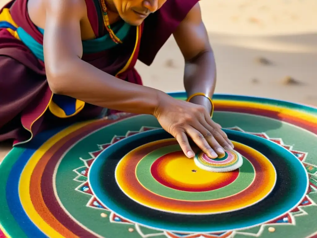 Monje tibetano creando mandala de arena, reflejando las enseñanzas tibetanas y el desarrollo creativo con precisión y serenidad