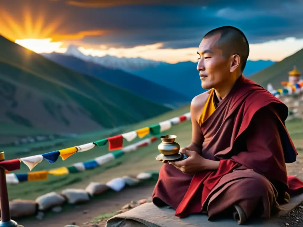 Un monje tibetano medita en la montaña al atardecer, rodeado de banderas de oración, transmitiendo serenidad y calma