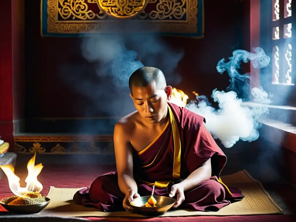 Monje tibetano realizando una ceremonia ritual en un monasterio tenue