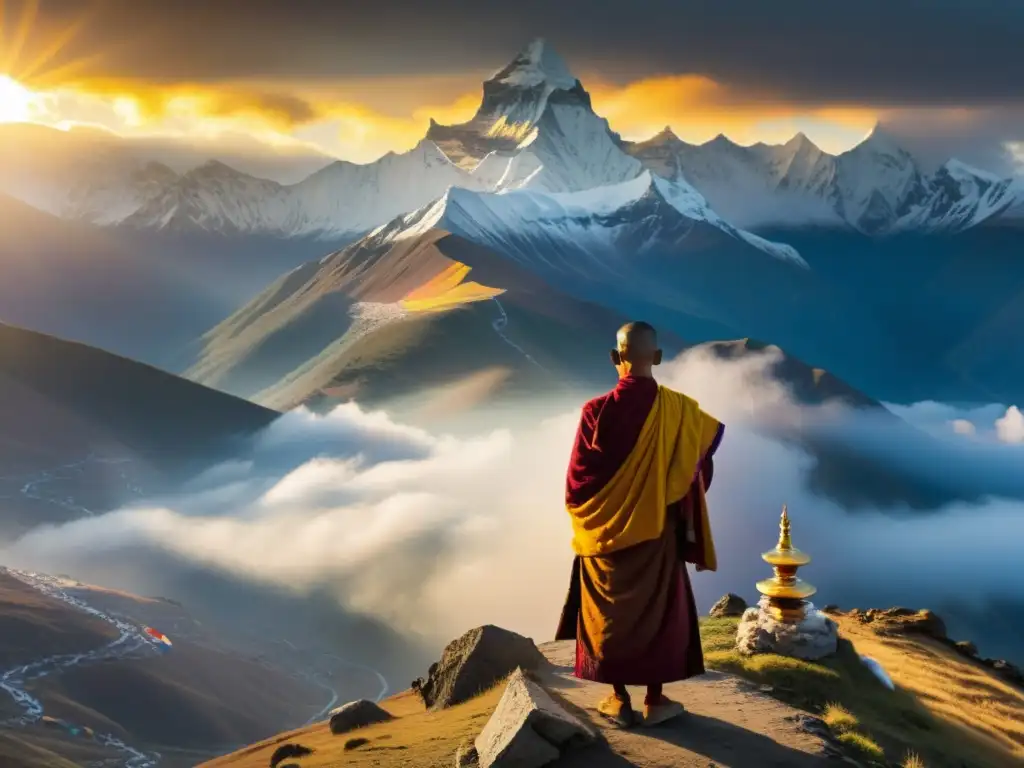 Un monje tibetano reflexiona en la cima de una montaña, rodeado de niebla y banderas de oración, en el paisaje del Himalaya