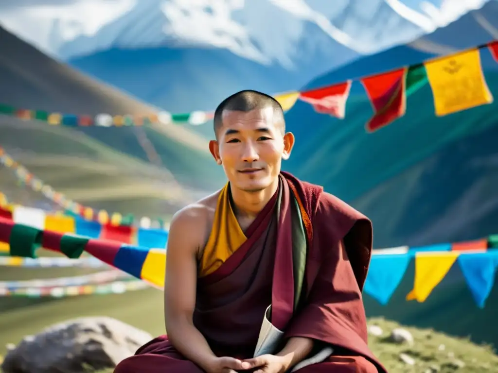 Un monje tibetano medita en la cima de la montaña, rodeado de banderas de oración