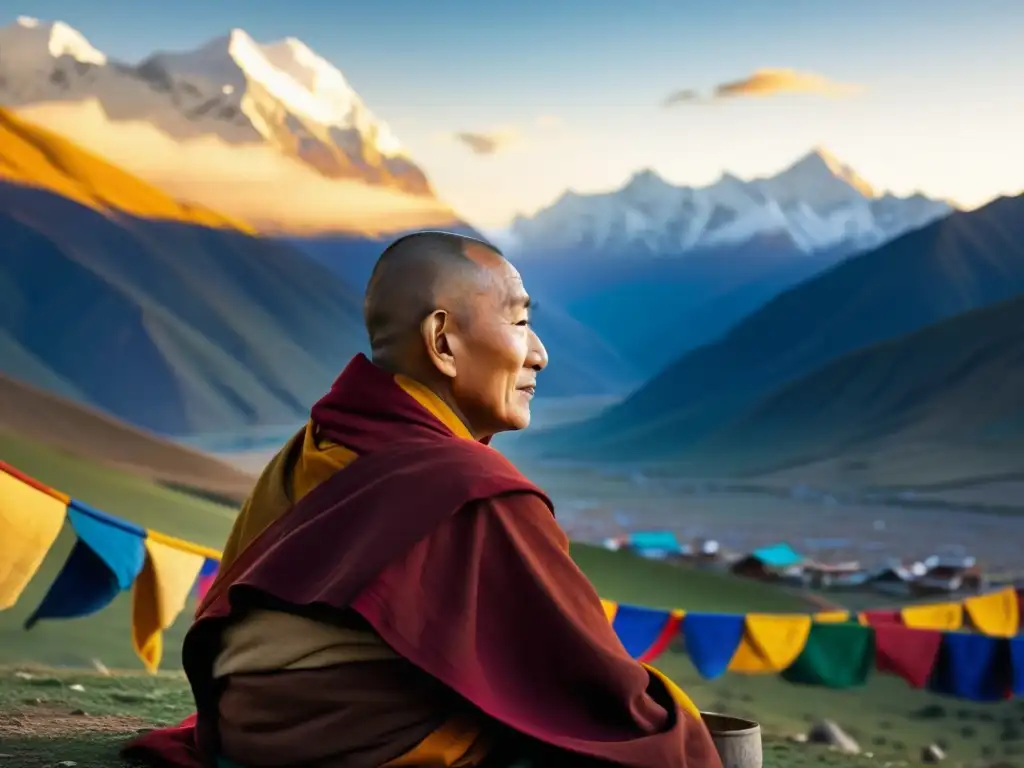 Monje tibetano medita entre coloridas banderas de oración con montañas nevadas al fondo, iluminado por la luz dorada del atardecer