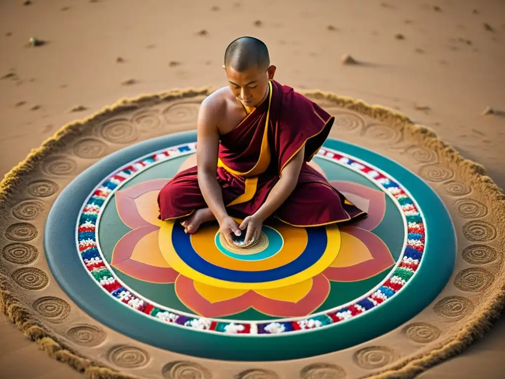 Un monje tibetano crea con devoción y destreza un mandala de arena, reflejando el significado espiritual de esta práctica en el budismo