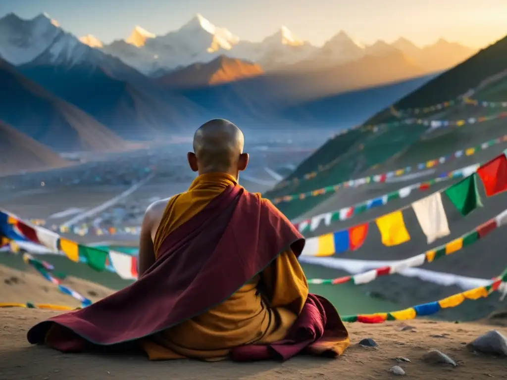 Un monje tibetano en meditación frente a los Himalayas, rodeado de banderas de oración en una escena serena y espiritual