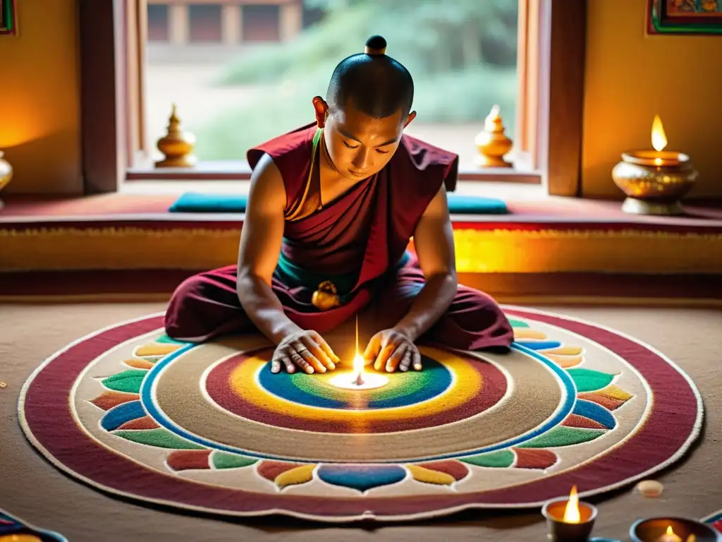 Un monje tibetano crea meticulosamente un mandala de arena en un templo tranquilo, rodeado de lámparas de mantequilla y luz natural