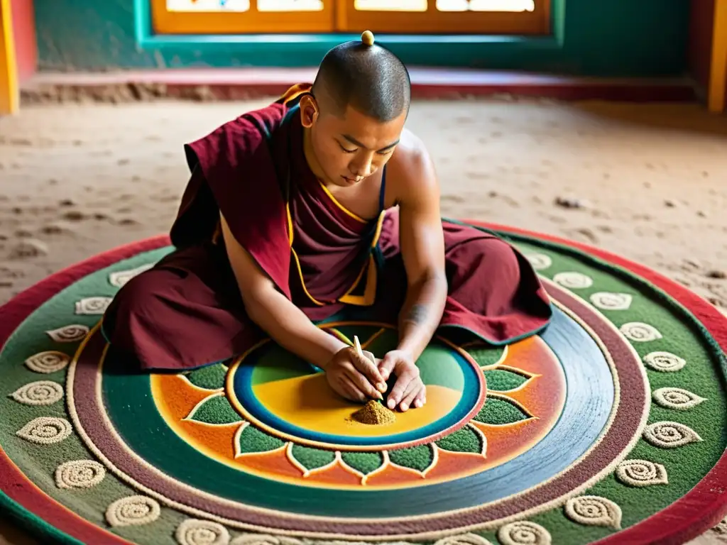 Un monje tibetano crea un mandala con arena, rodeado de arte tradicional en un templo sereno