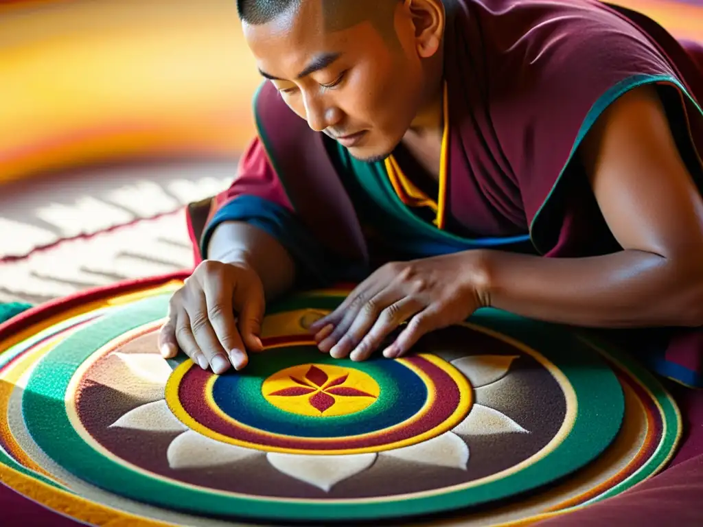 Un monje tibetano crea un mandala de arena, reflejando enseñanzas tibetanas de desarrollo creatividad en una escena serena y meticulosa