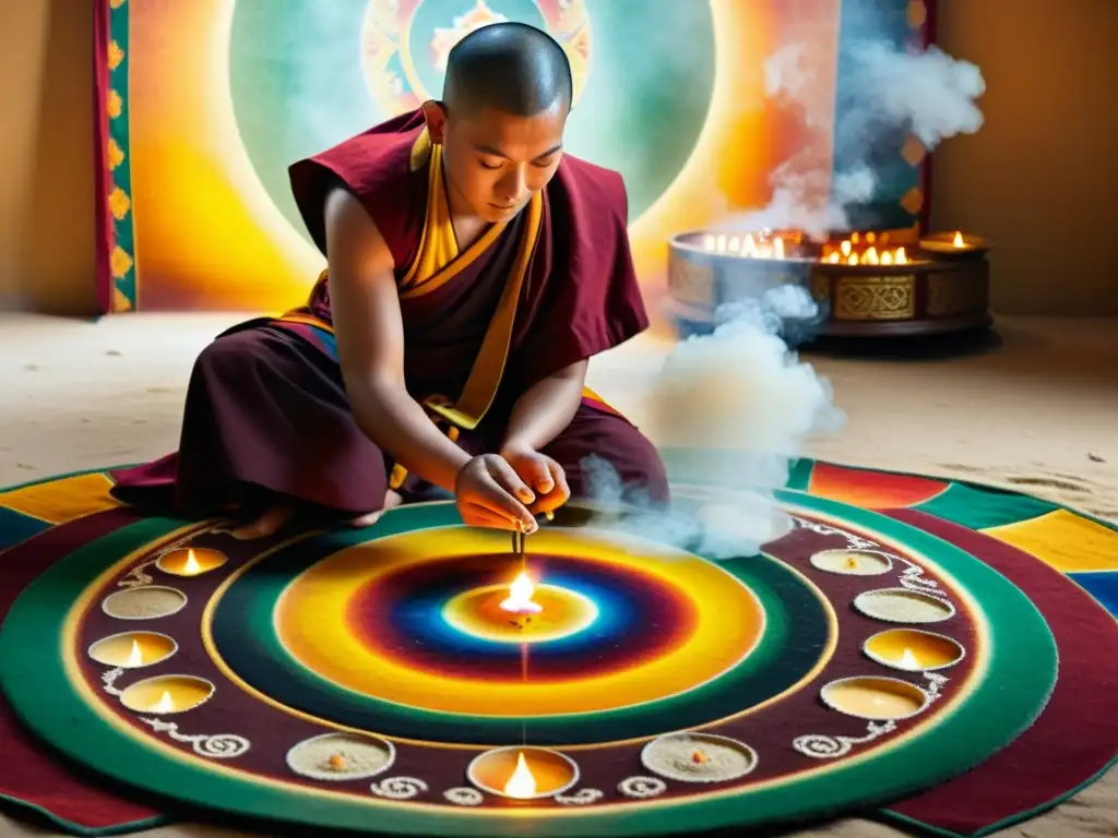 Un monje tibetano crea un mandala de arena rodeado de lámparas de mantequilla y humo de incienso, destacando las prácticas budistas en el Tíbet