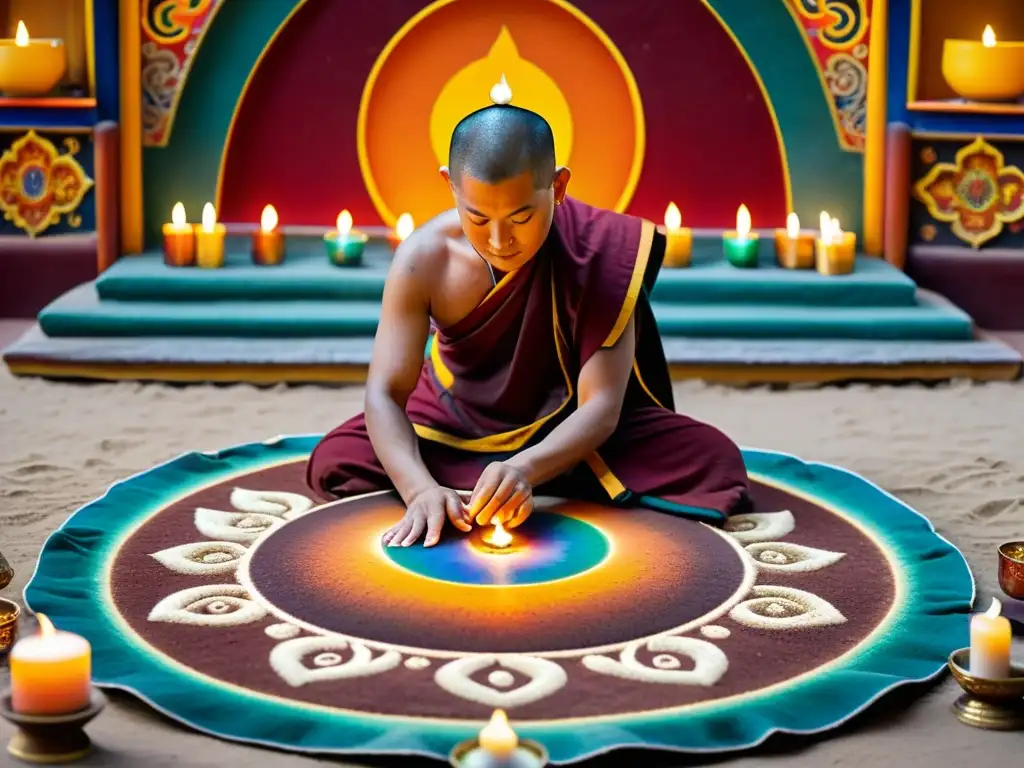 Un monje tibetano crea meticulosamente un mandala de arena rodeado de velas e incienso, en un templo decorado con arte tibetano y símbolos budistas