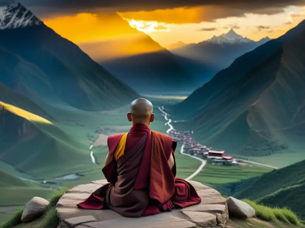 Un monje tibetano medita en las montañas del Himalaya al atardecer, transmitiendo paz y fuerza espiritual