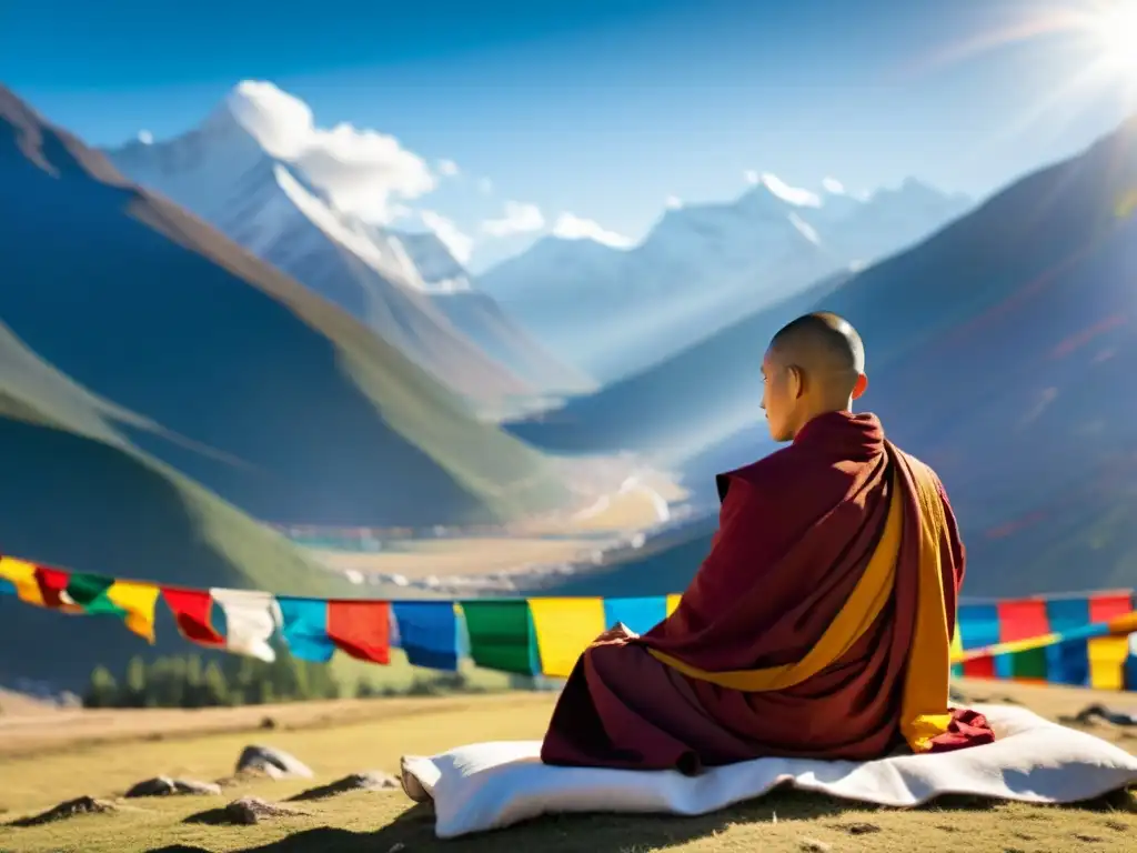 Un monje tibetano medita rodeado de banderas de oración en un paisaje de montañas nevadas