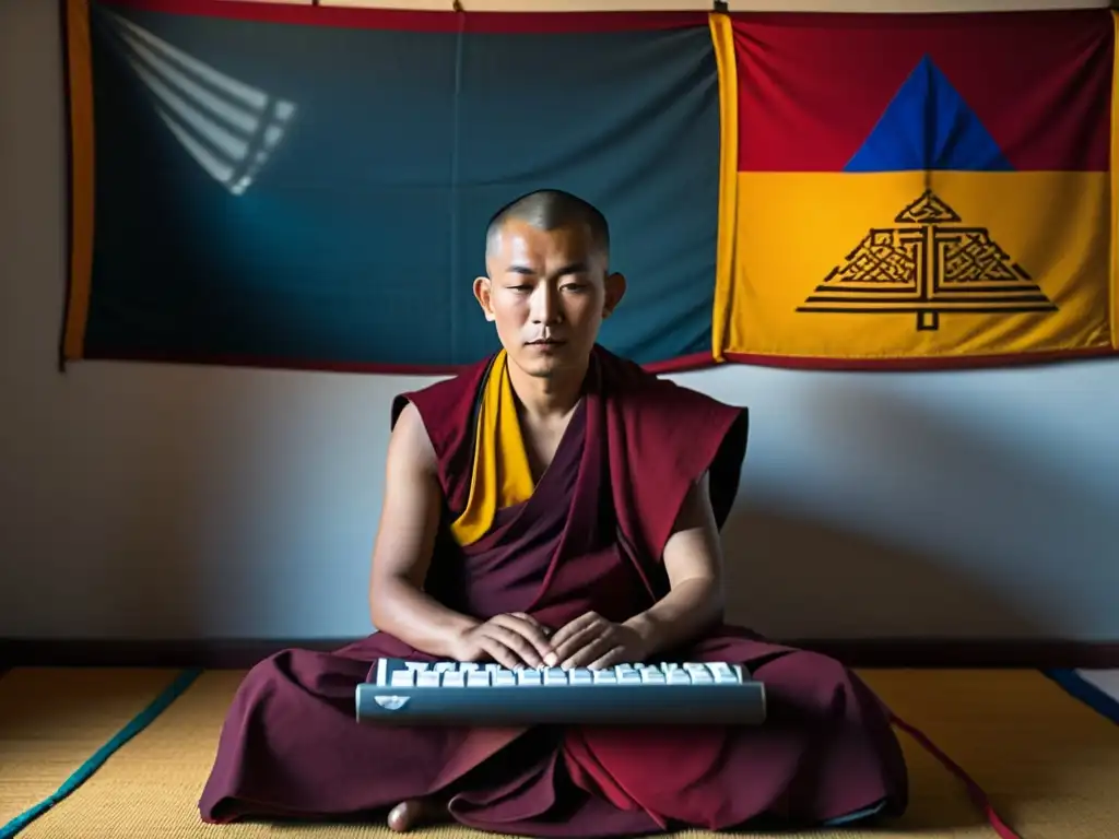 Un monje tibetano sereno frente a una computadora moderna, en una habitación con banderas de oración