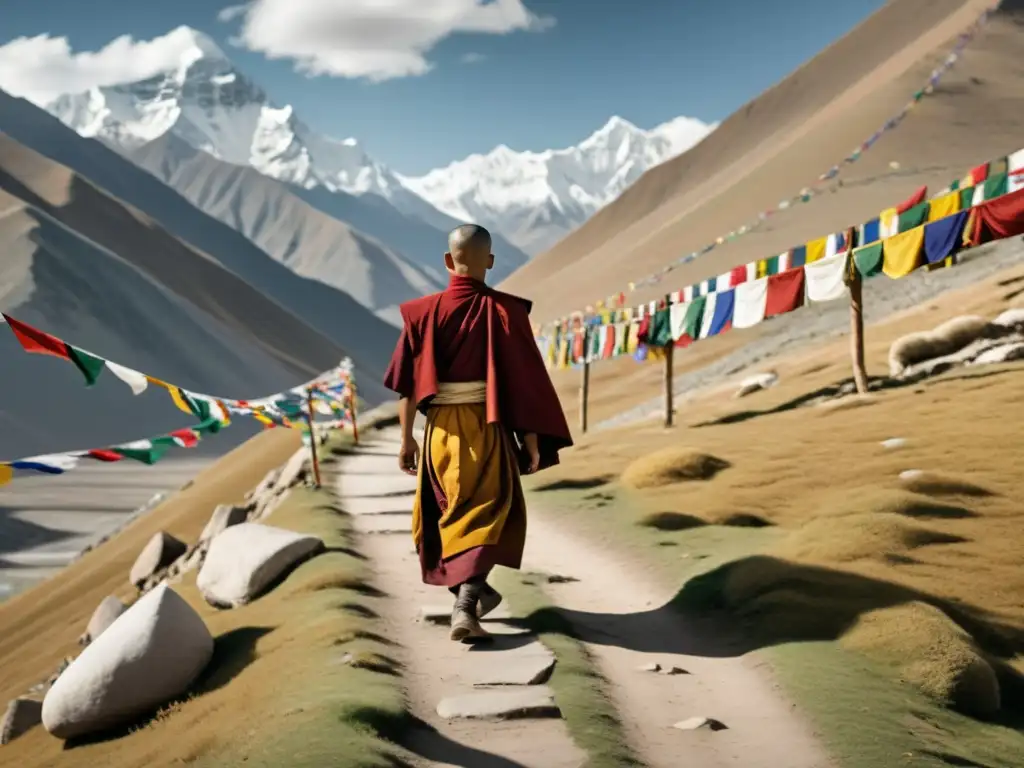 Un monje tibetano camina sereno por un sendero de montaña, con banderas de oración ondeando y picos nevados al fondo