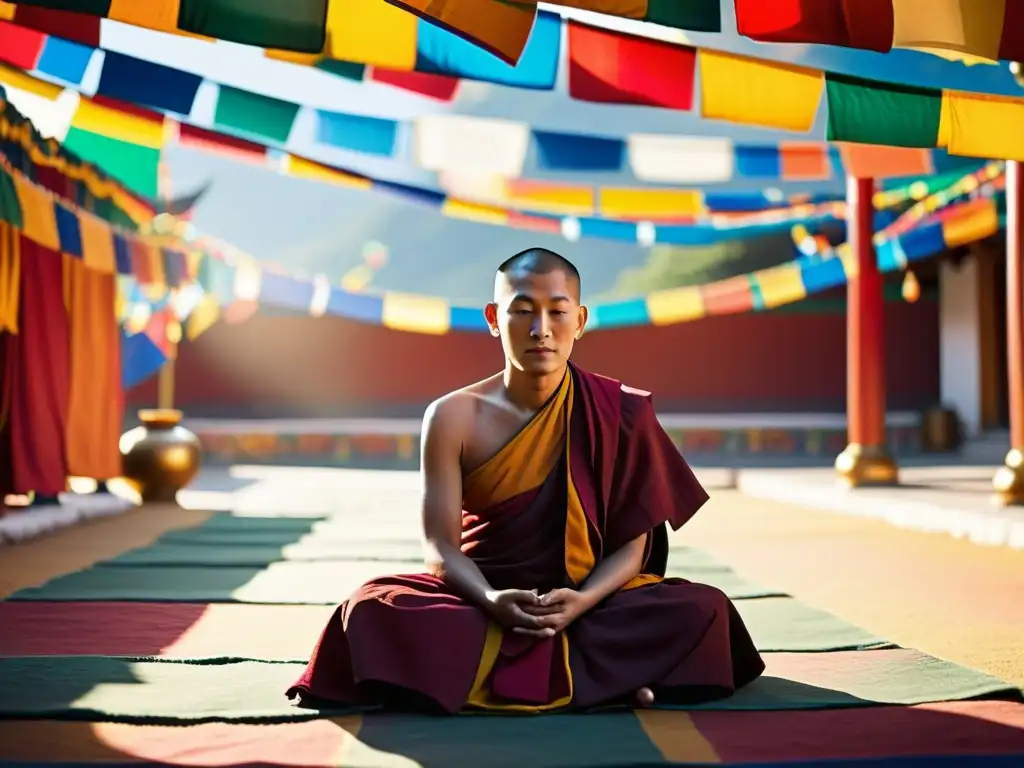 Un monje tibetano medita en un sereno templo, rodeado de banderas de oración