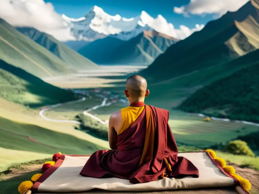 Un monje tibetano medita en los serenos Himalayas, evocando sonidos tradicionales asiáticos para meditación