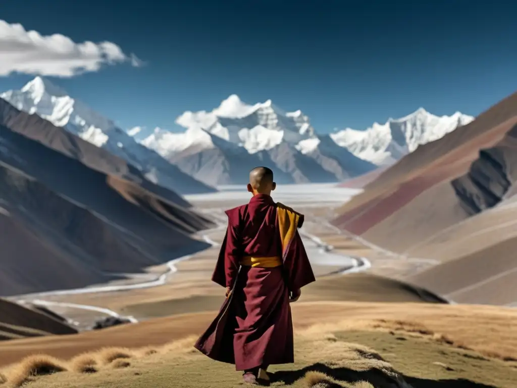 Un monje tibetano en soledad contemplativa, envuelto en sus ropas, frente a imponentes montañas nevadas