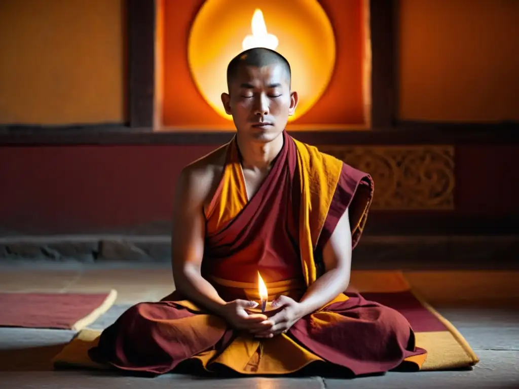 Un monje tibetano medita en un templo iluminado por velas, vistiendo túnicas de color azafrán