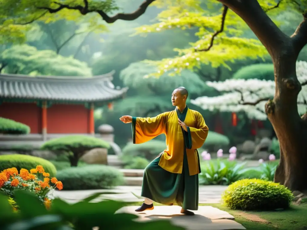 Un monje taoísta practica Tai Chi en un jardín tranquilo y exuberante, rodeado de flores coloridas y árboles antiguos