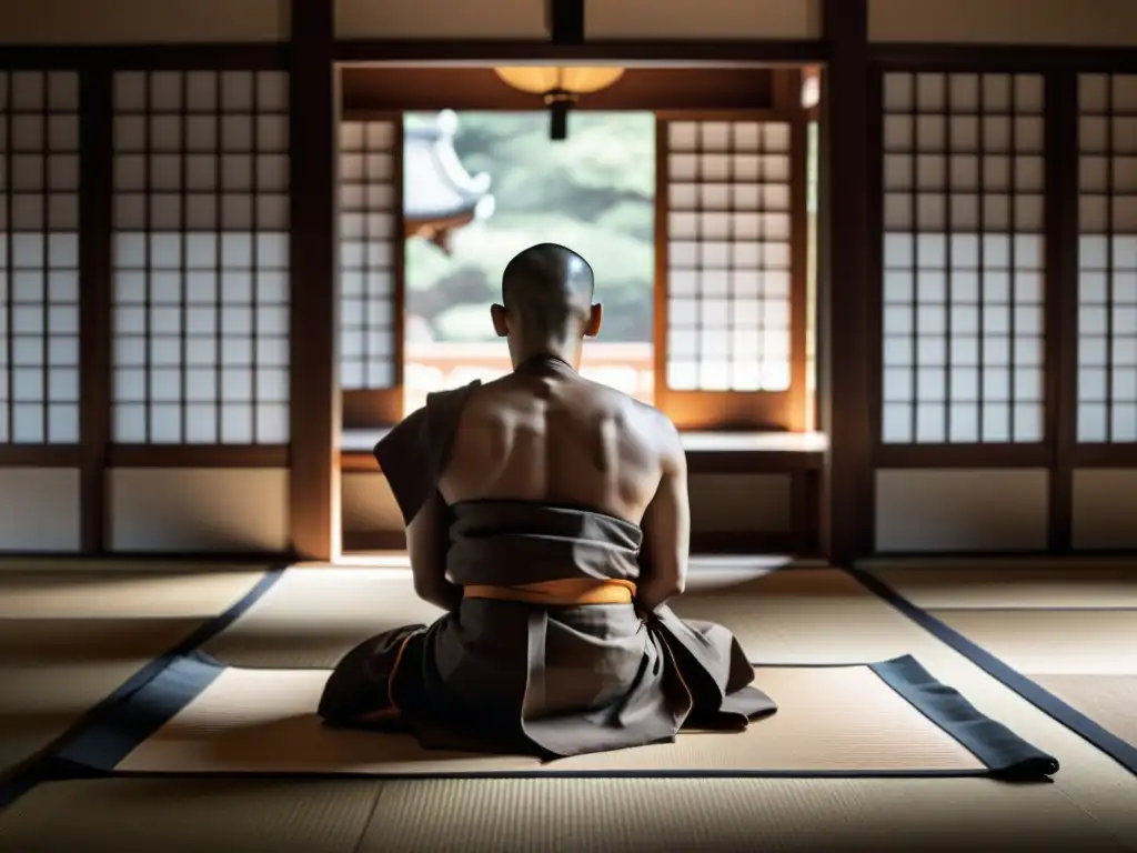 Un monje zen meditando en un templo, transmitiendo disciplina y libertad en la práctica de la meditación