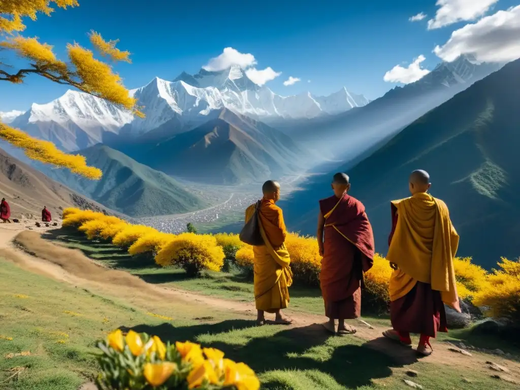 Monjes bajo un árbol Bodhi en el Himalaya, con los cuatro inmensurables en la filosofía asiática