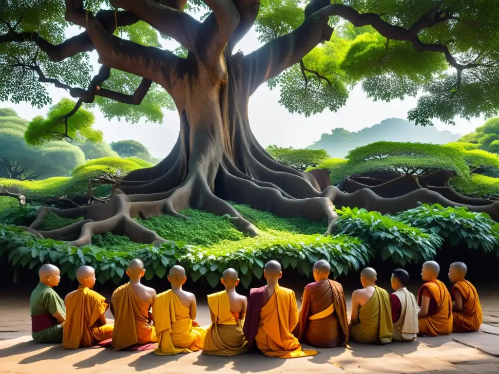 Monjes meditando bajo un árbol Bodhi, transmitiendo la serenidad y sabiduría de las enseñanzas transformadoras de Buda