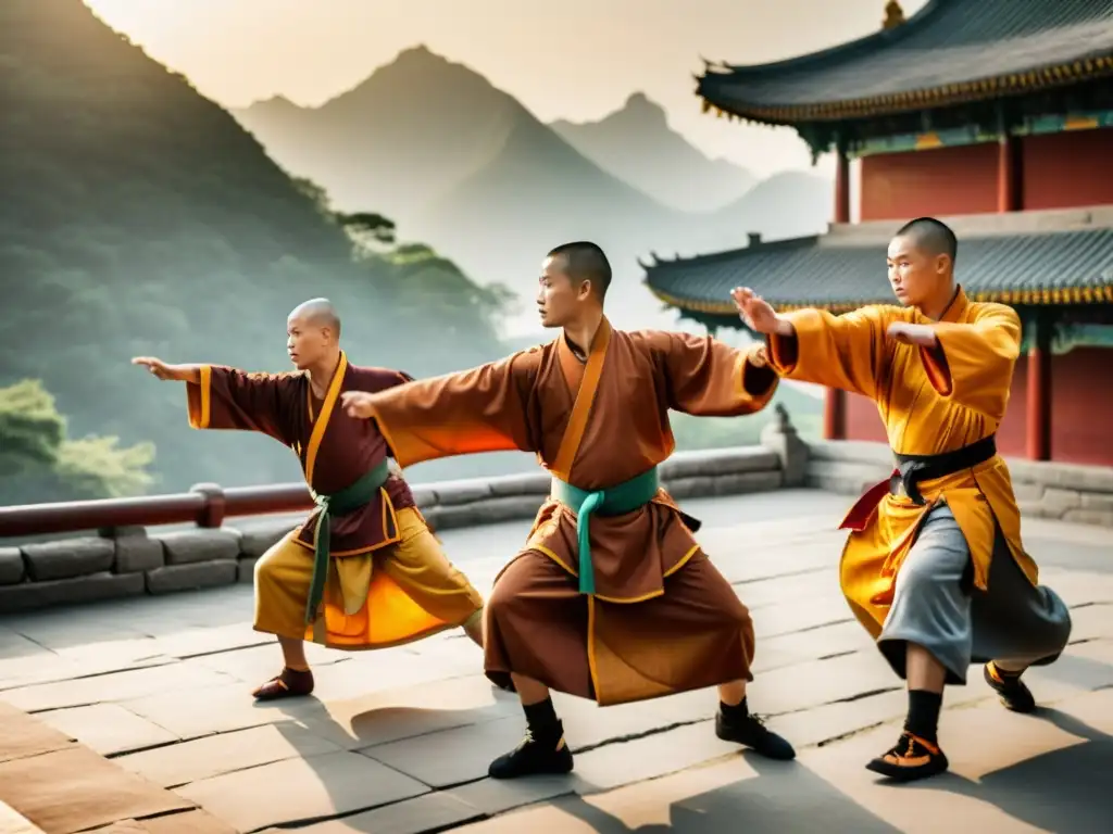 Monjes practicando artes marciales en el icónico Templo Shaolin de China, con filosofía y técnicas de combate Shaolin