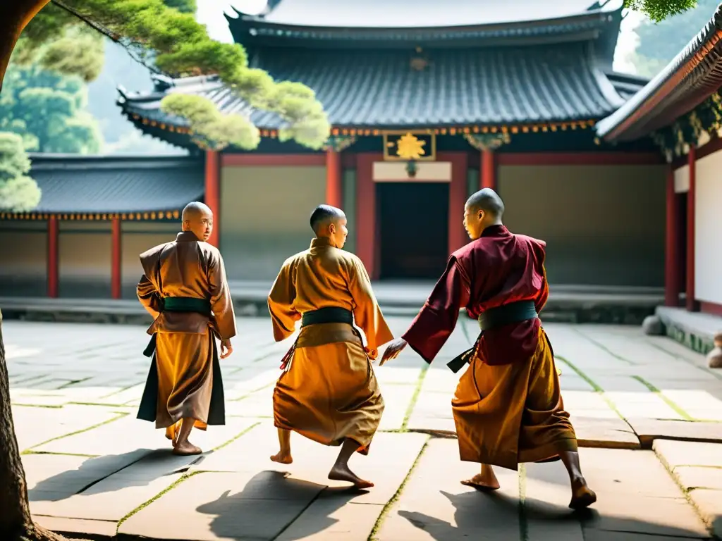 Monjes practicando artes marciales en un tranquilo templo, reflejando la influencia del monacato en el Wushu moderno