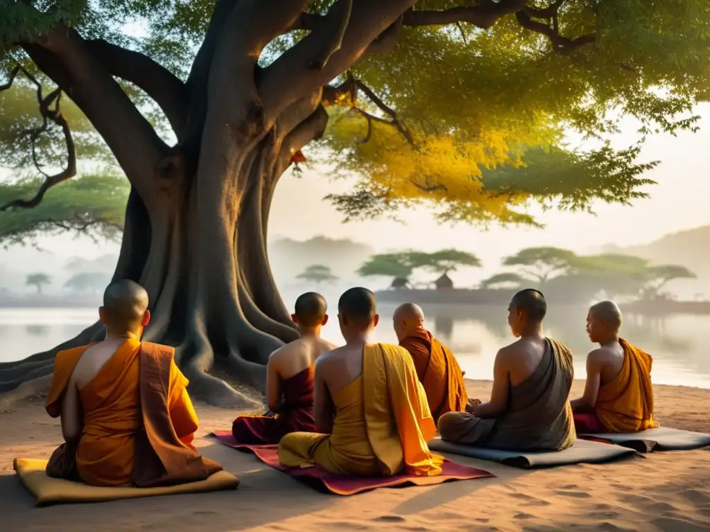 Monjes budistas meditan bajo un árbol Bodhi al atardecer, transmitiendo paz y contemplación, relacionado con el Budismo y filosofías orientales