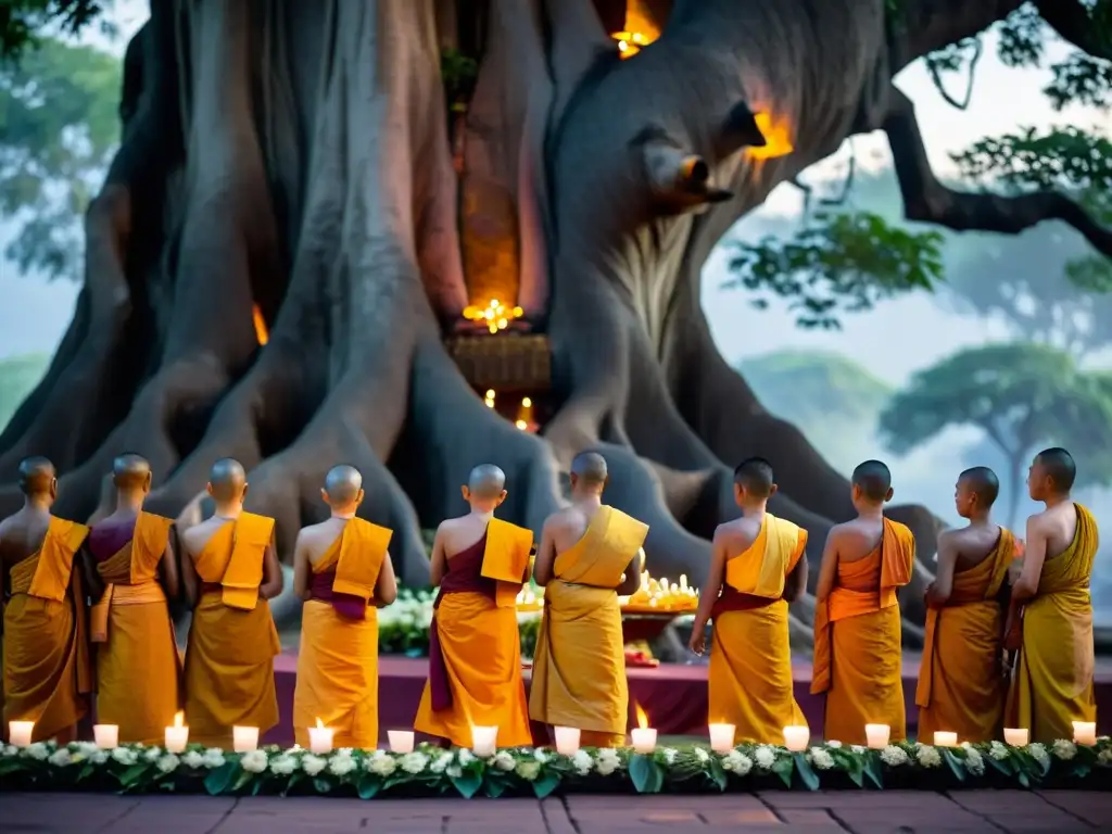 Monjes budistas en saffron alrededor de árbol Bodhi durante ceremonia de Vesak