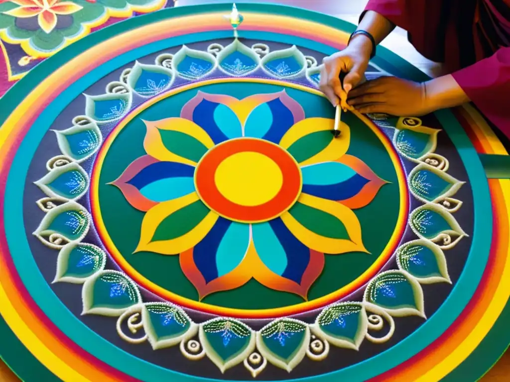 Monjes budistas crean mandala de arena, representando la visión budista vida después en colores vibrantes y patrones intrincados