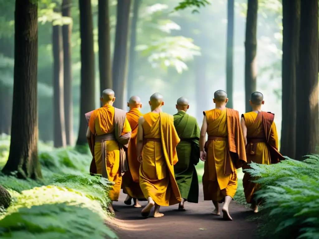 Monjes budistas en saffron caminan serenamente en el bosque, irradiando paz y sabiduría